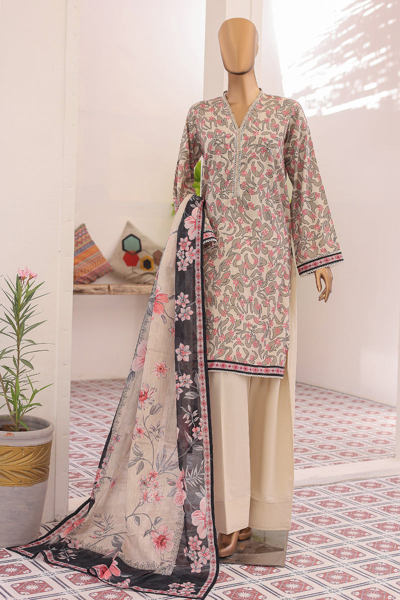 Lawn - Stitched printed 3piece with Farshi Shalwar - Light Brown