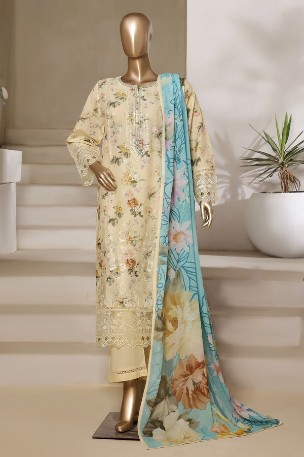 Lawn - Stitched Digital Printed Embroidered 3piece with Lace work - Dull Yellow