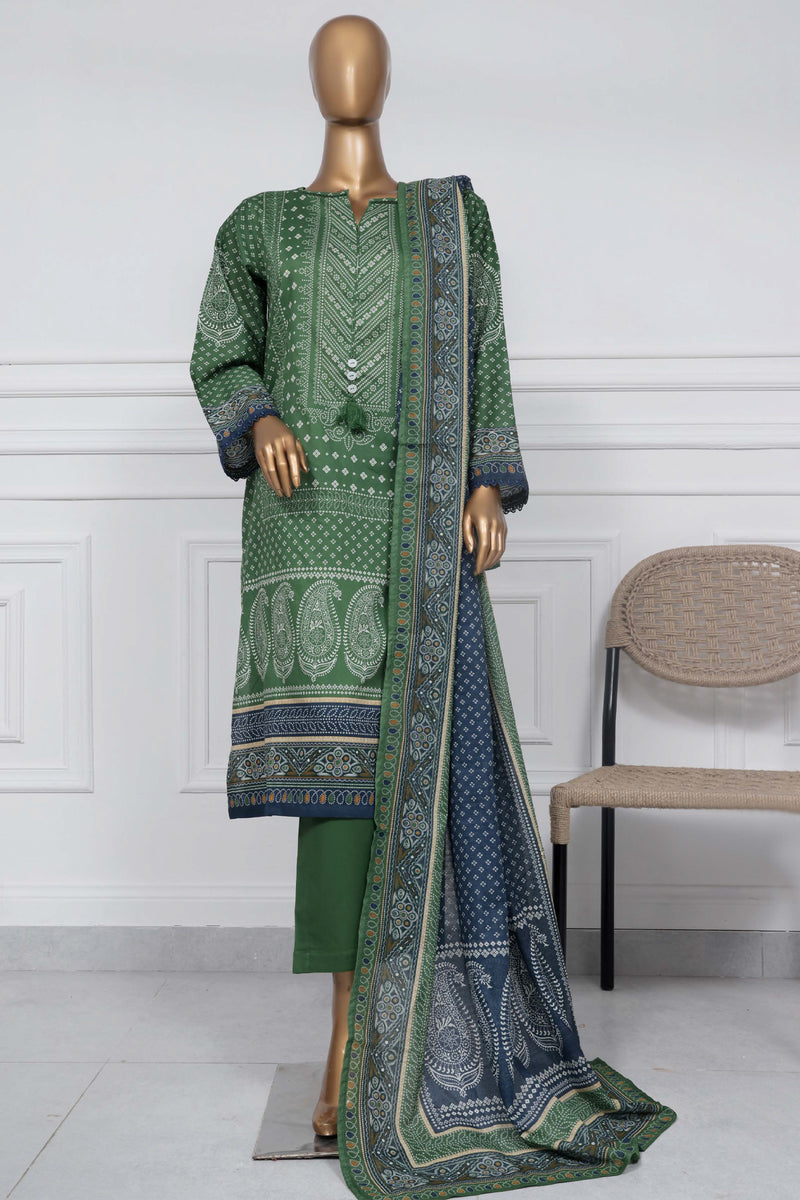 Lawn - Stitched Printed 3piece with Lace work - Green