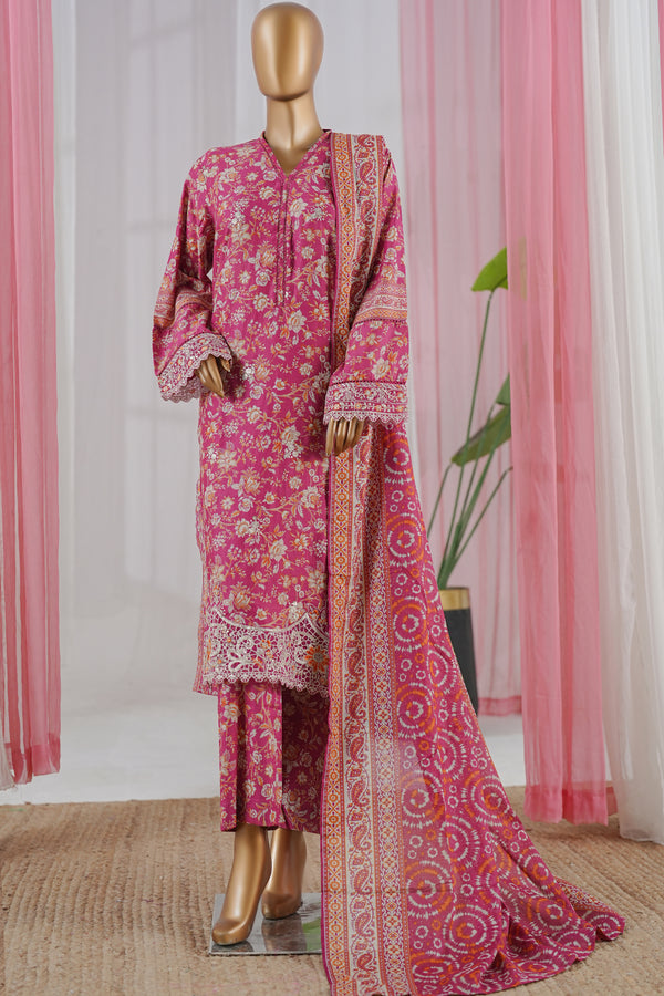 Lawn - Stitched Embroidered 3piece with Zari work & Lace work - Pink