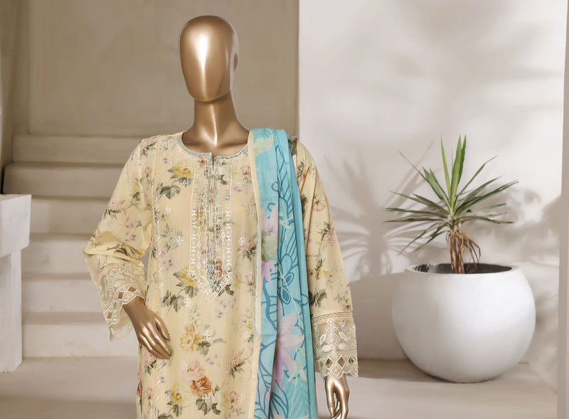 Lawn - Stitched Digital Printed Embroidered 3piece with Lace work - Dull Yellow