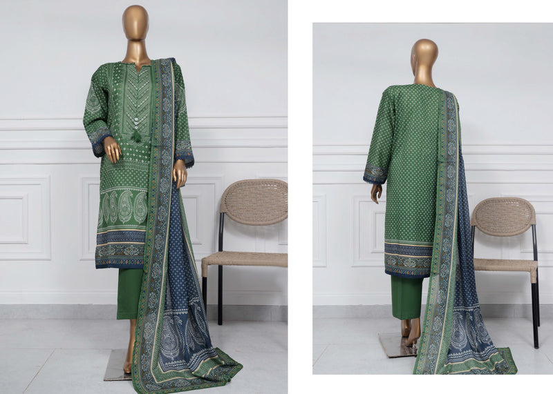 Lawn - Stitched Printed 3piece with Lace work - Green