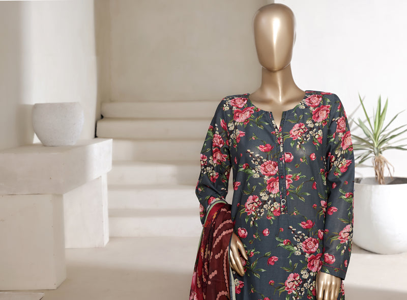 Lawn - Stitched printed 3piece with Lace work - Dark Grey