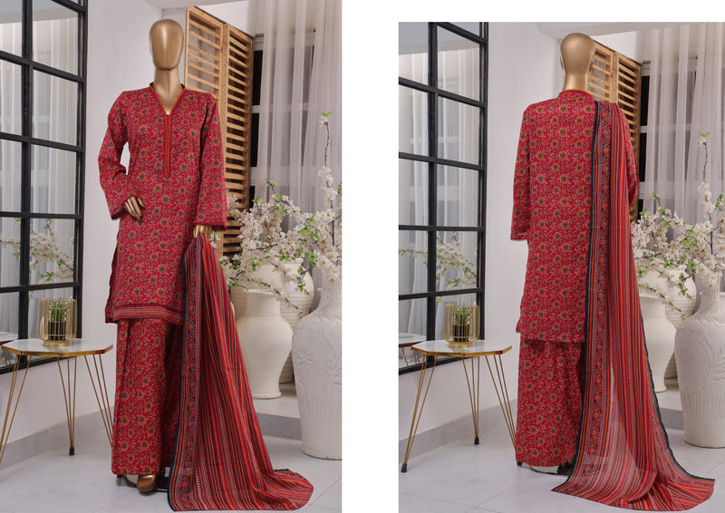 Lawn - Stitched printed 3piece with Farshi Shalwar - Dark Pink