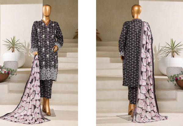 Lawn - Stitched Embroidered Chikankari 3piece with Lace work - Black