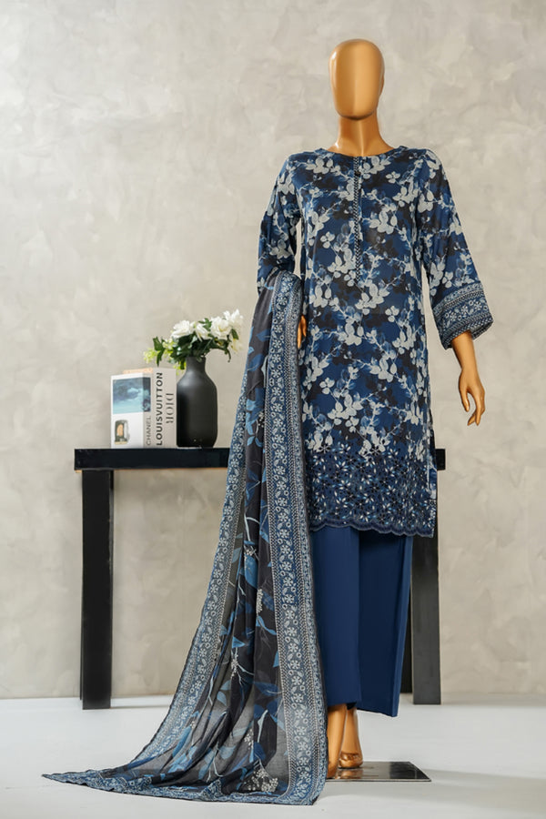 Lawn - Stitched Digital Printed Embroidered 3piece with Boring work - Navy Blue