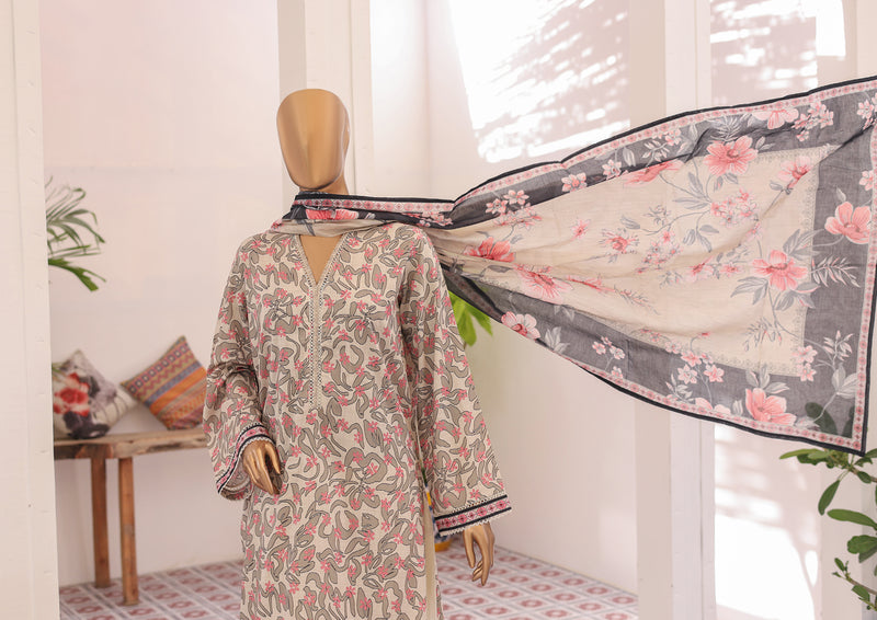 Lawn - Stitched printed 3piece with Farshi Shalwar - Light Brown