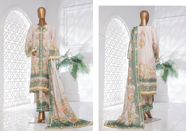 Lawn Chickankari - Stitched Embroidered 3piece with Lace work  - Off White & Green