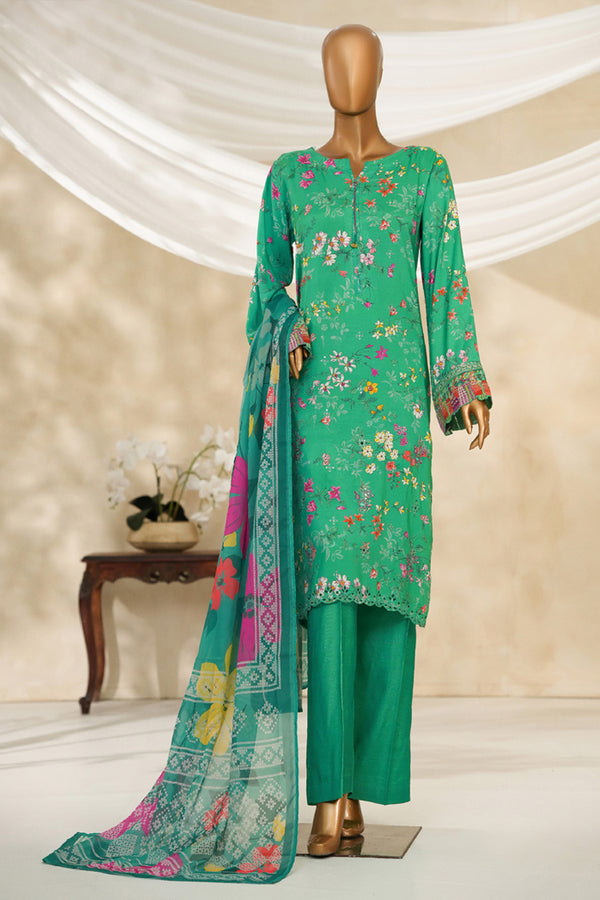 Cambric | Cotton - Stitched printed embroidered silk 3piece with Boring, Cutwork & Mirror work - Parrot Green