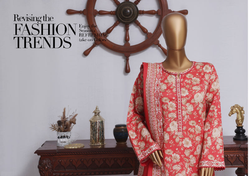 Lawn - Stitched printed 3piece with Farshi Shalwar - Pink