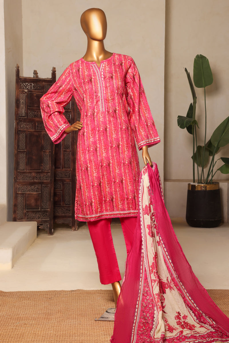 Lawn - Stitched printed 3piece with Lace work - Pink