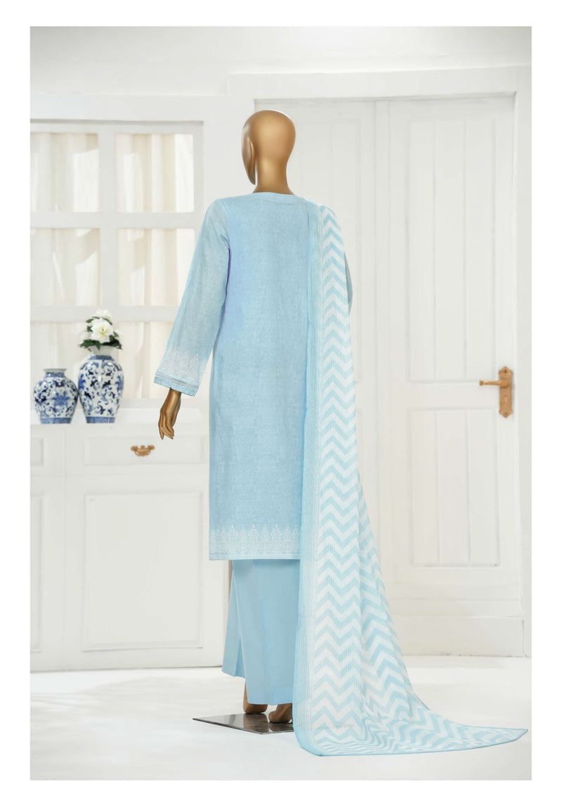 Cambric Chikankari - Stitched Embroidered 3piece with Lace work - Baby Blue