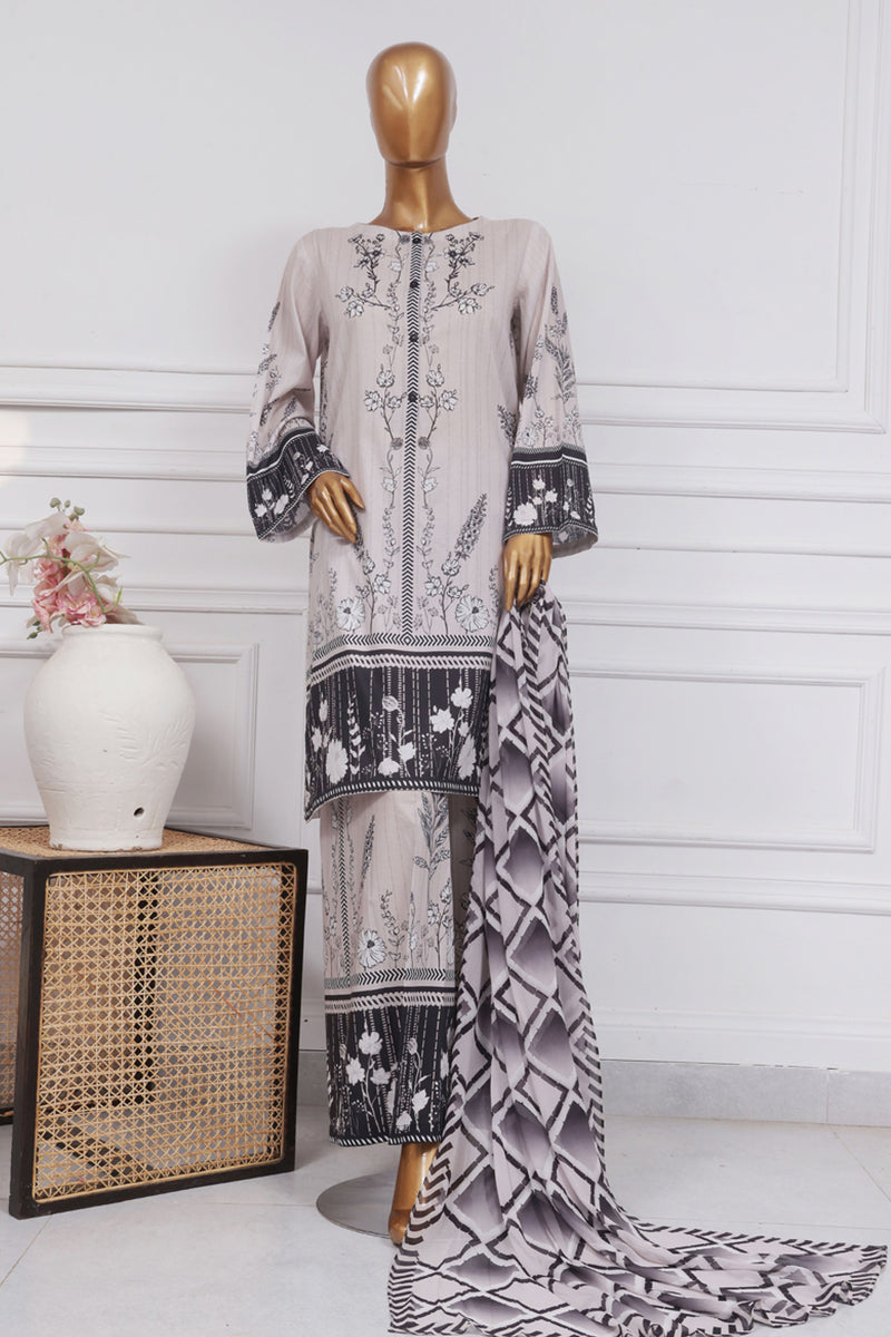 Lawn - Stitched Printed 3 piece with Chiffon Dupatta - Smoky Black