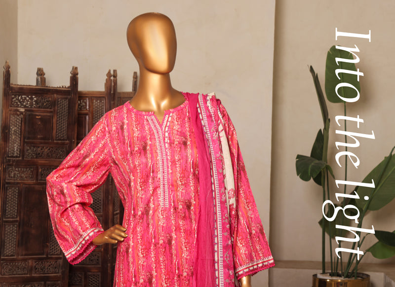 Lawn - Stitched printed 3piece with Lace work - Pink