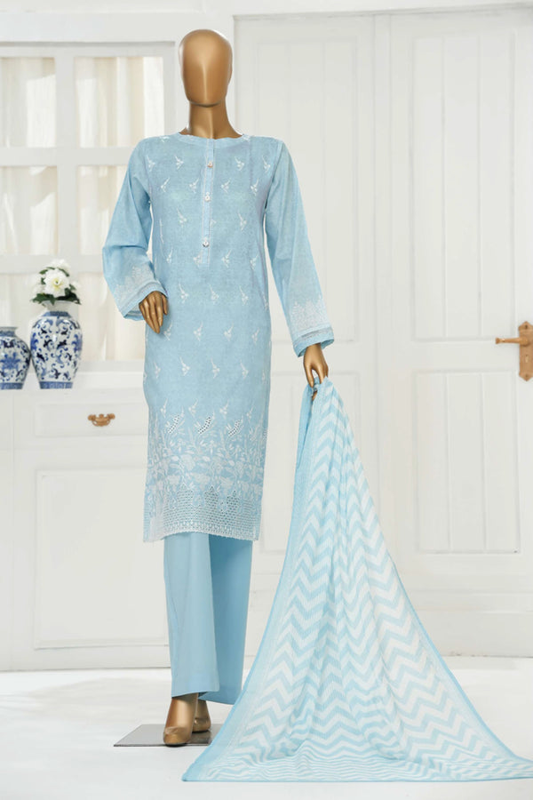 Cambric Chikankari - Stitched Embroidered 3piece with Lace work - Baby Blue