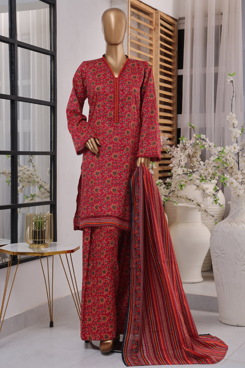 Lawn - Stitched printed 3piece with Farshi Shalwar - Dark Pink