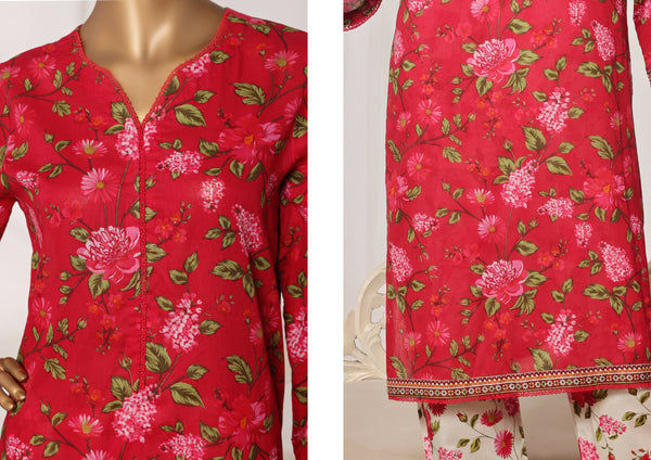 Lawn - Stitched printed 3piece with Lace work - Red