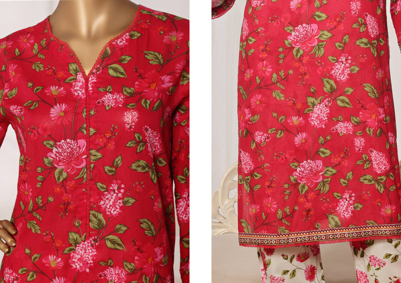 Lawn - Stitched printed 3piece with Lace work - Red