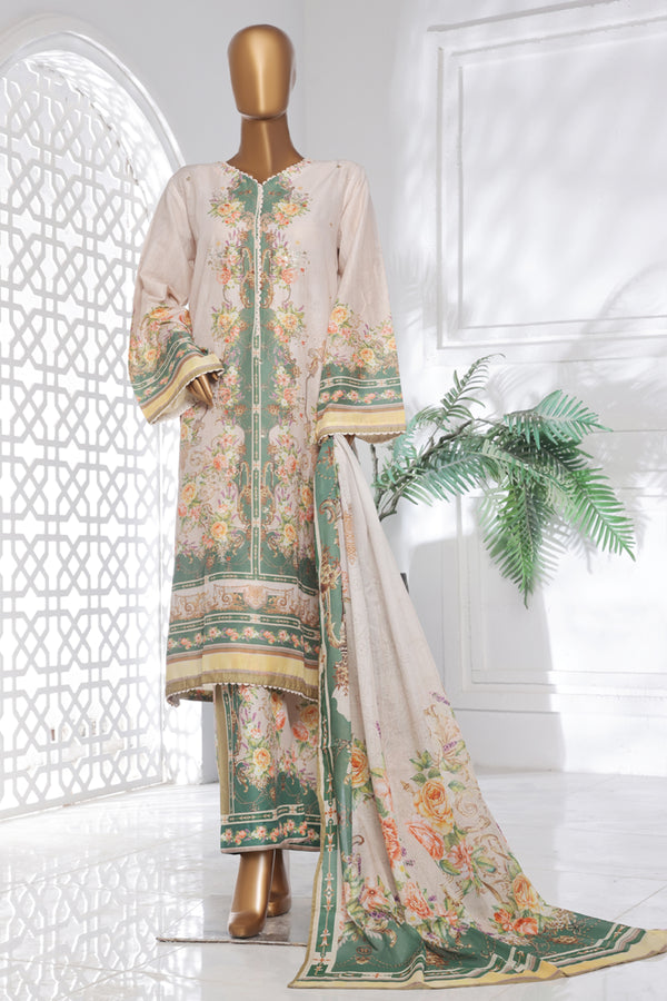 Lawn Chickankari - Stitched Embroidered 3piece with Lace work  - Off White & Green