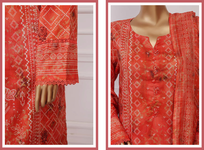 Lawn Chunri prints - Stitched printed 3piece with Lace work - Orange