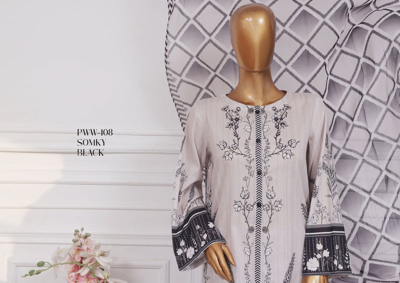 Lawn - Stitched Printed 3 piece with Chiffon Dupatta - Smoky Black
