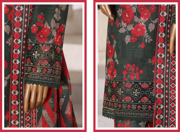 Khaddar - Embroidered 3piece collection with Lace work - Dark Green