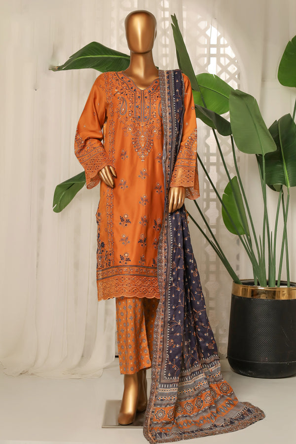 Lawn - Stitched Embroidered 3piece with printed Back & Printed trouser & Emb Dupatta  - Orange