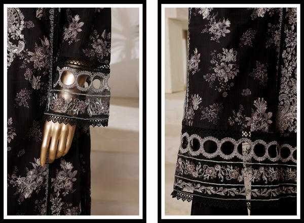 Lawn - Stitched Digital Printed Embroidered 3piece with Lace work - Black