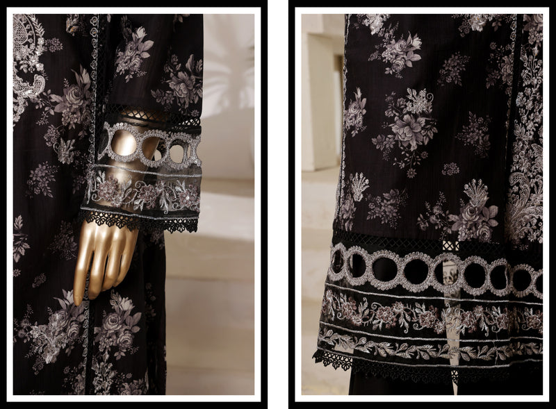 Lawn - Stitched Digital Printed Embroidered 3piece with Lace work - Black