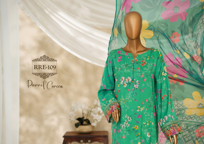 Cambric | Cotton - Stitched printed embroidered silk 3piece with Boring, Cutwork & Mirror work - Parrot Green