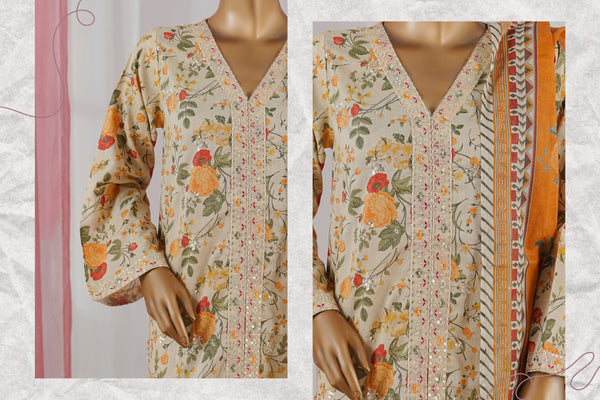 Lawn - Stitched Embroidered 3piece with Zari work & Lace work - Yellow