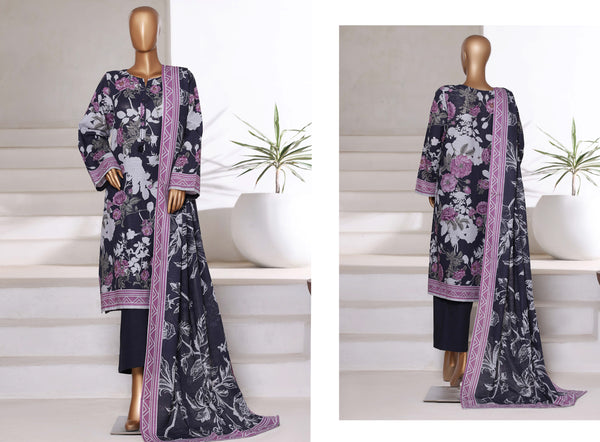 Khaddar - Printed 3piece collection with Lace work - Dark Blue