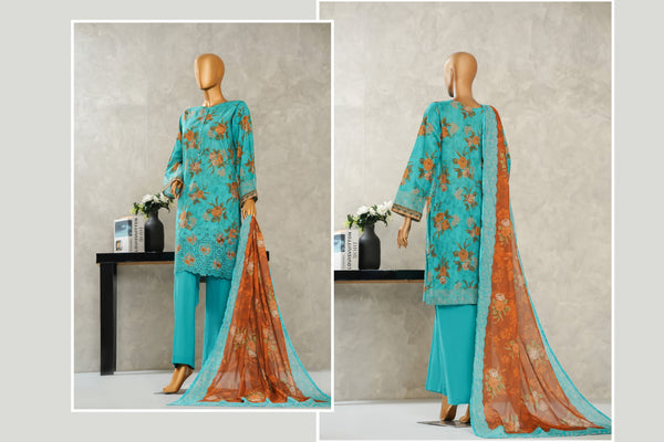 Lawn - Stitched Digital Printed Embroidered 3piece with Boring work - Teal