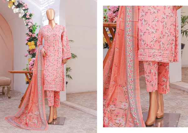 Lawn - Stitched printed 3piece with Lace work - Pink