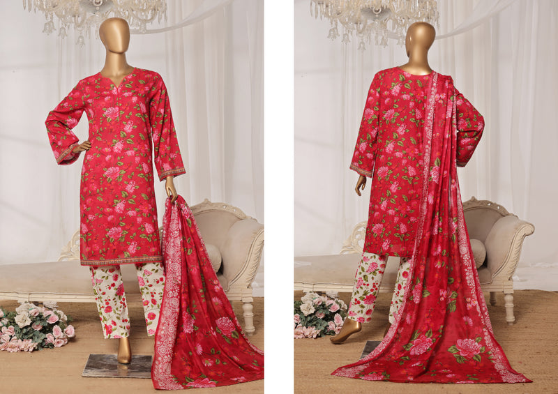 Lawn - Stitched printed 3piece with Lace work - Red
