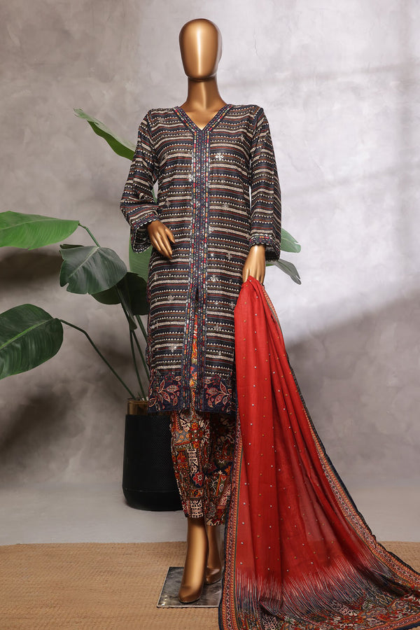 Lawn - Stitched Embroidered 3piece with Lace work - Black
