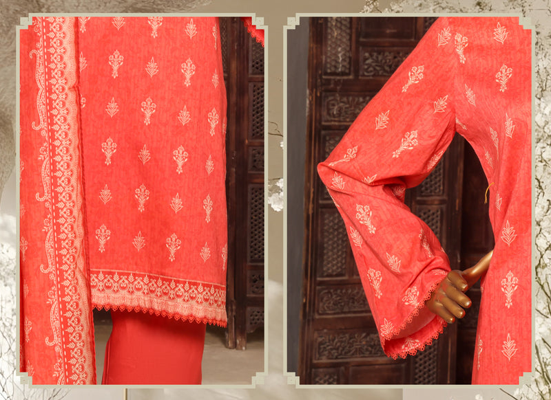 Lawn - Stitched printed 3piece with Lace work - Orange