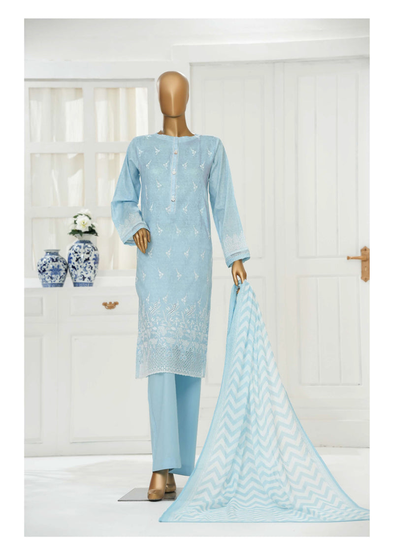 Cambric Chikankari - Stitched Embroidered 3piece with Lace work - Baby Blue