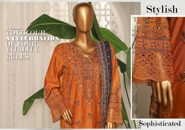 Lawn - Stitched Embroidered 3piece with printed Back & Printed trouser & Emb Dupatta  - Orange