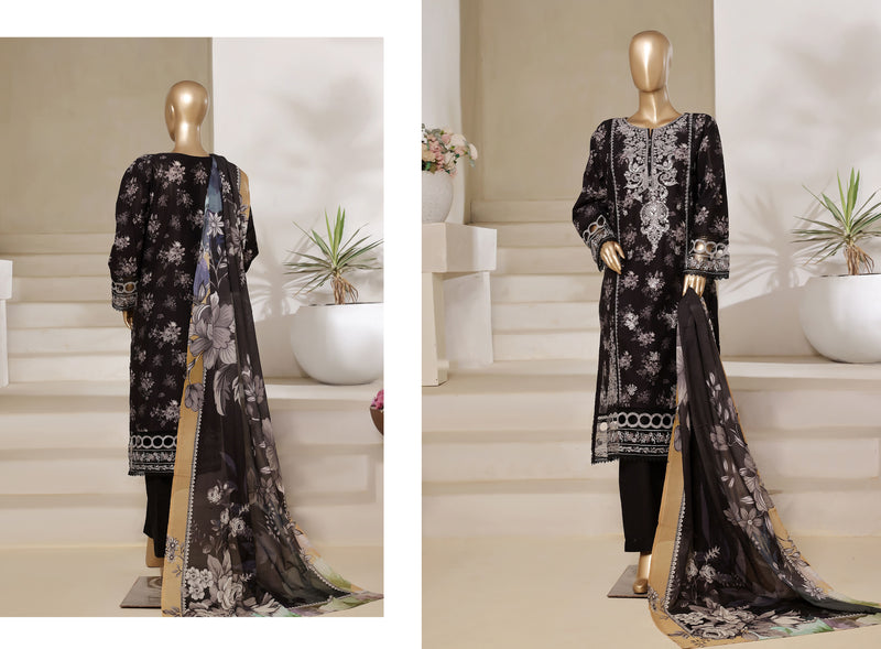 Lawn - Stitched Digital Printed Embroidered 3piece with Lace work - Black