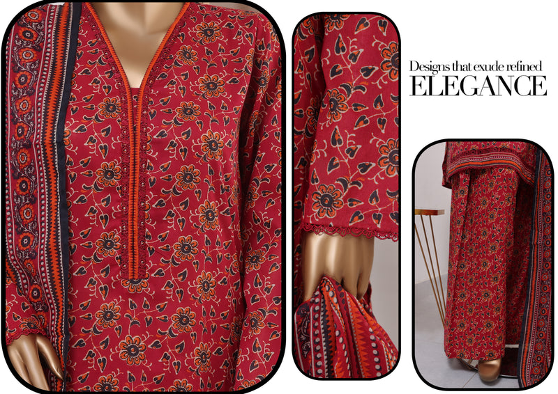 Lawn - Stitched printed 3piece with Farshi Shalwar - Dark Pink