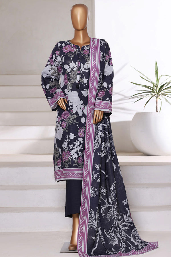 Khaddar - Printed 3piece collection with Lace work - Dark Blue