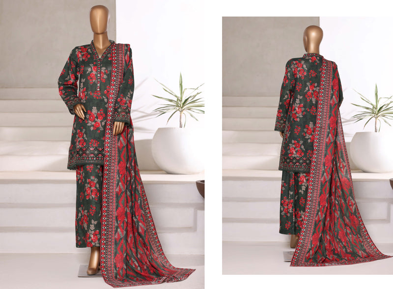 Khaddar - Embroidered 3piece collection with Lace work - Dark Green