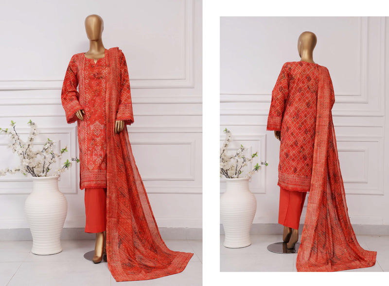 Lawn Chunri prints - Stitched printed 3piece with Lace work - Orange