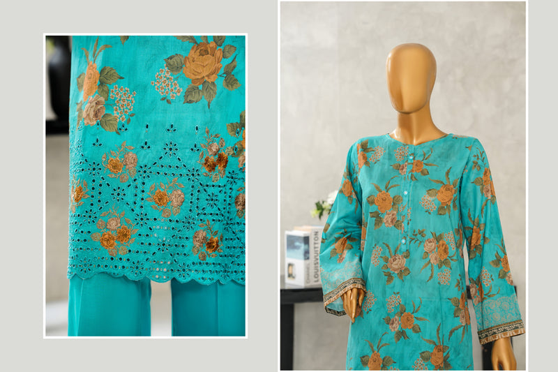 Lawn - Stitched Digital Printed Embroidered 3piece with Boring work - Teal