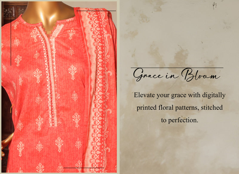 Lawn - Stitched printed 3piece with Lace work - Orange