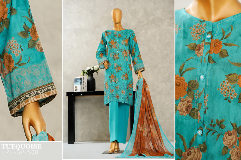 Lawn - Stitched Digital Printed Embroidered 3piece with Boring work - Teal