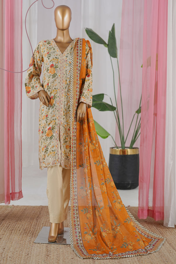 Lawn - Stitched Embroidered 3piece with Zari work & Lace work - Yellow