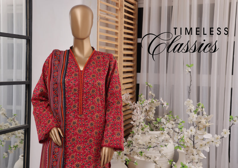 Lawn - Stitched printed 3piece with Farshi Shalwar - Dark Pink