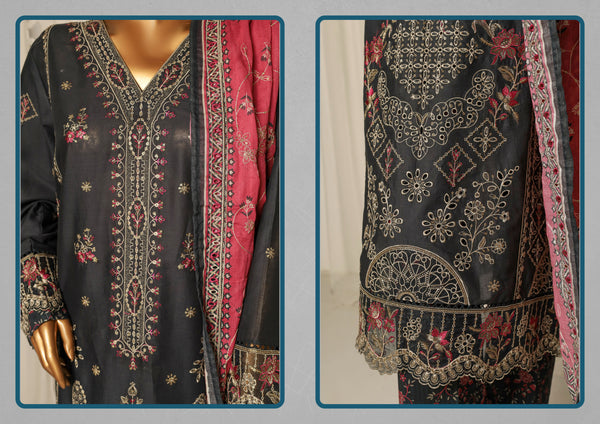 Lawn - Stitched Embroidered 3piece with printed Back & Printed trouser & Emb Dupatta  - Black